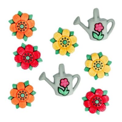 Bright coloured flowers and watering can buttons