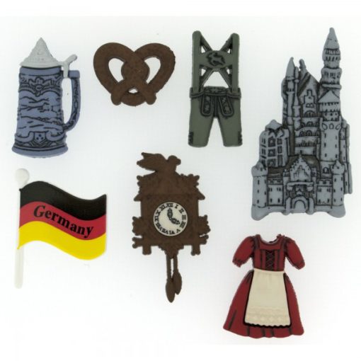 An assortment of buttons representing Germany, including a beer stein, castle and a cockoo clock.