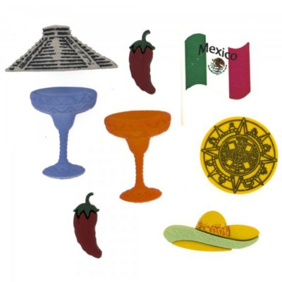An assortment of Mexican theme buttons including Aztec symbols, chili peppers and the flag of Mexico