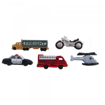 Ready to Roll Buttons; fiire truck, police car, helicopter, truck and motorcycle