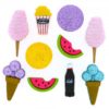Snack buttons, watermelon, Coca cola, candy floss, ice cream, popcorn,