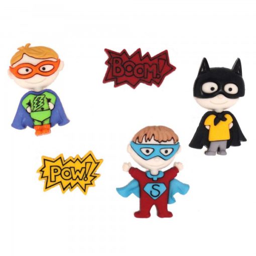 Super hero theme buttons; caped heros and cartoon words
