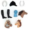 Triple cown, horse, boots, blue ribbon, horse shoes, helmet